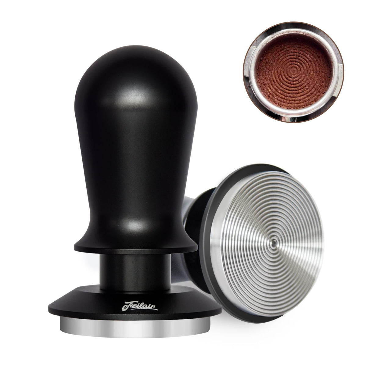 Feilair 54mm espresso tamper with concentric ripple base for even extraction.