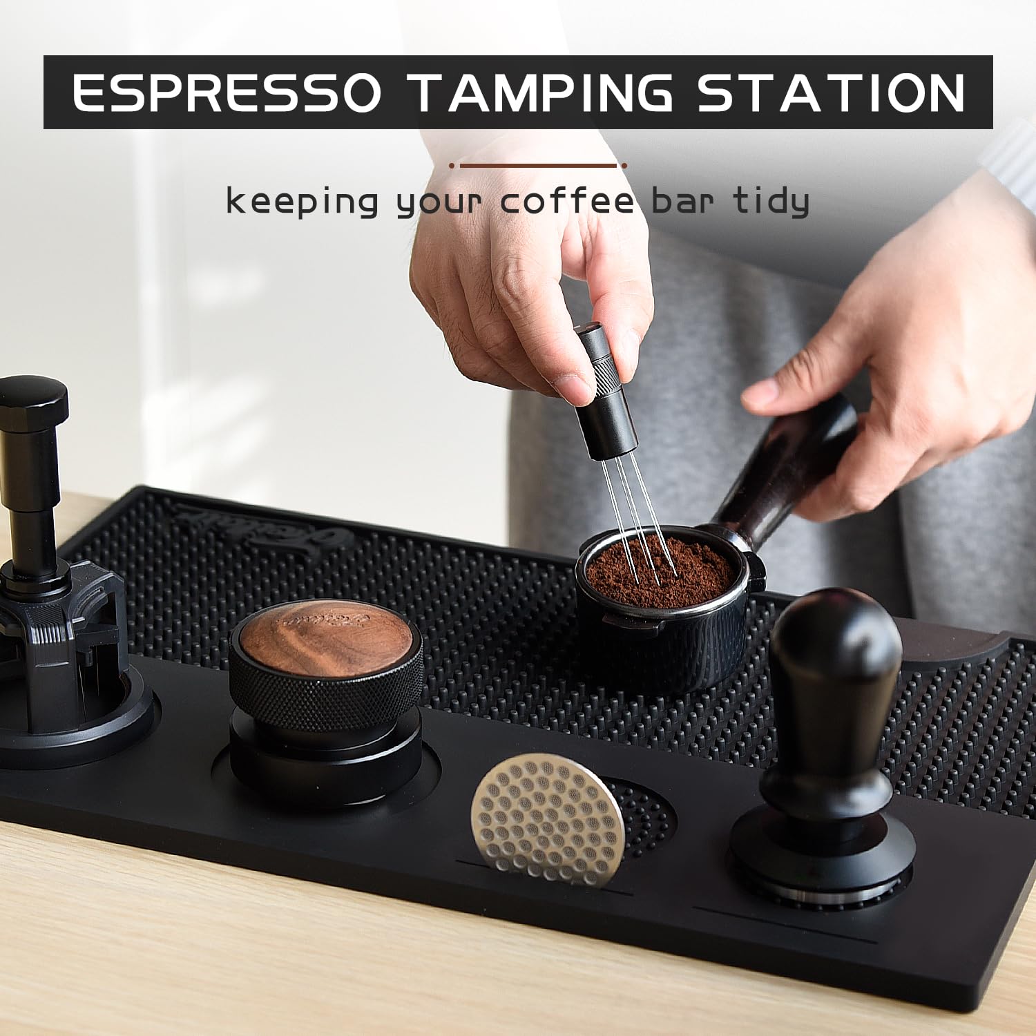 FEILAIR tamping station organizer pad keeps portafilters and tools within reach.