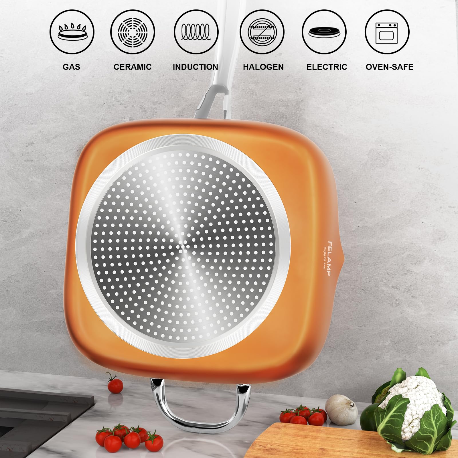 FeLamp steamer rack lifting vegetables above simmering water.