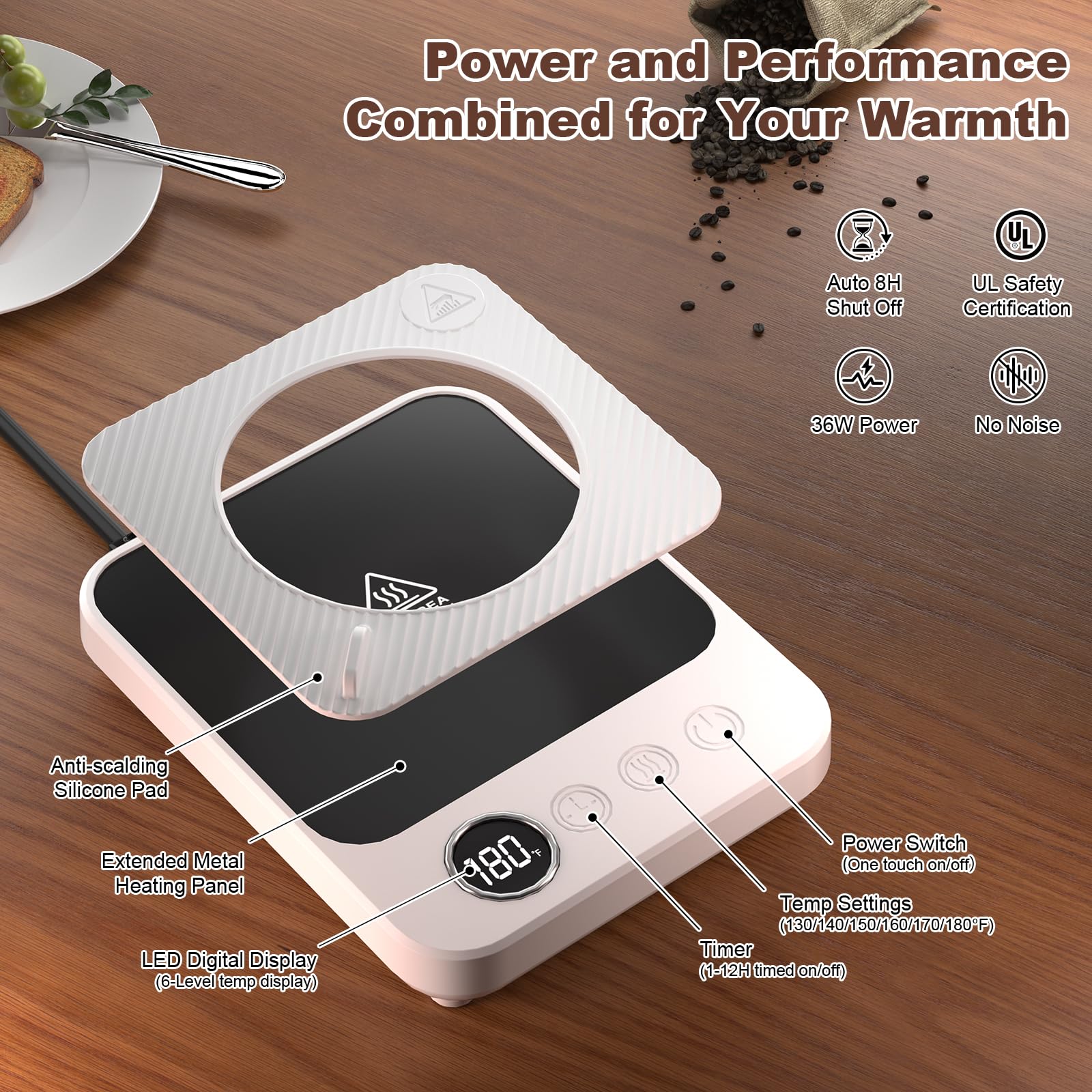 Six-level temperature control from 130 to 180F for customizable heat.