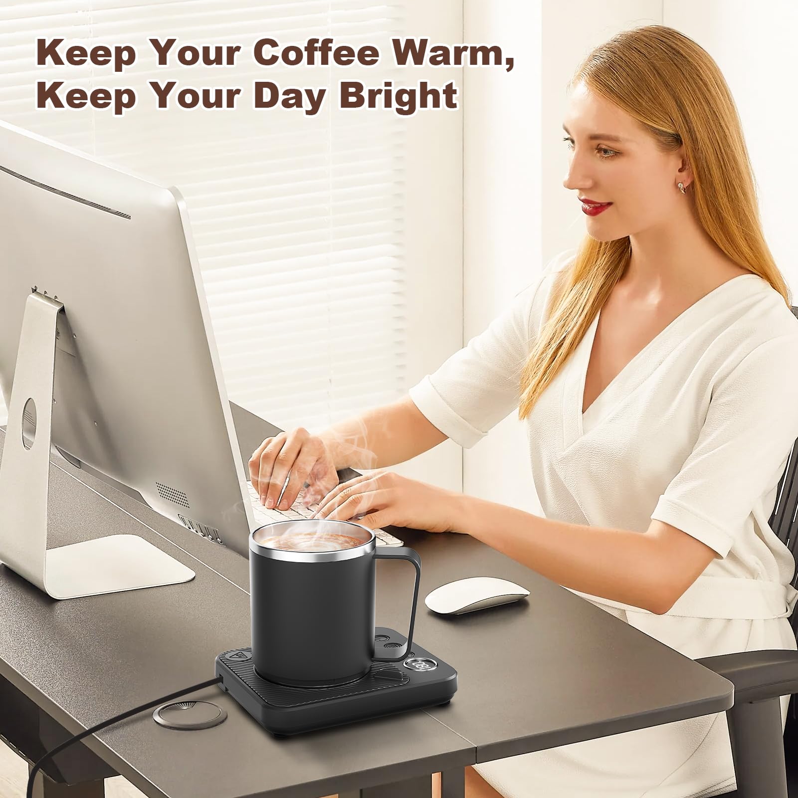 Felibeaco mug warmer large heating area fits most cup sizes.