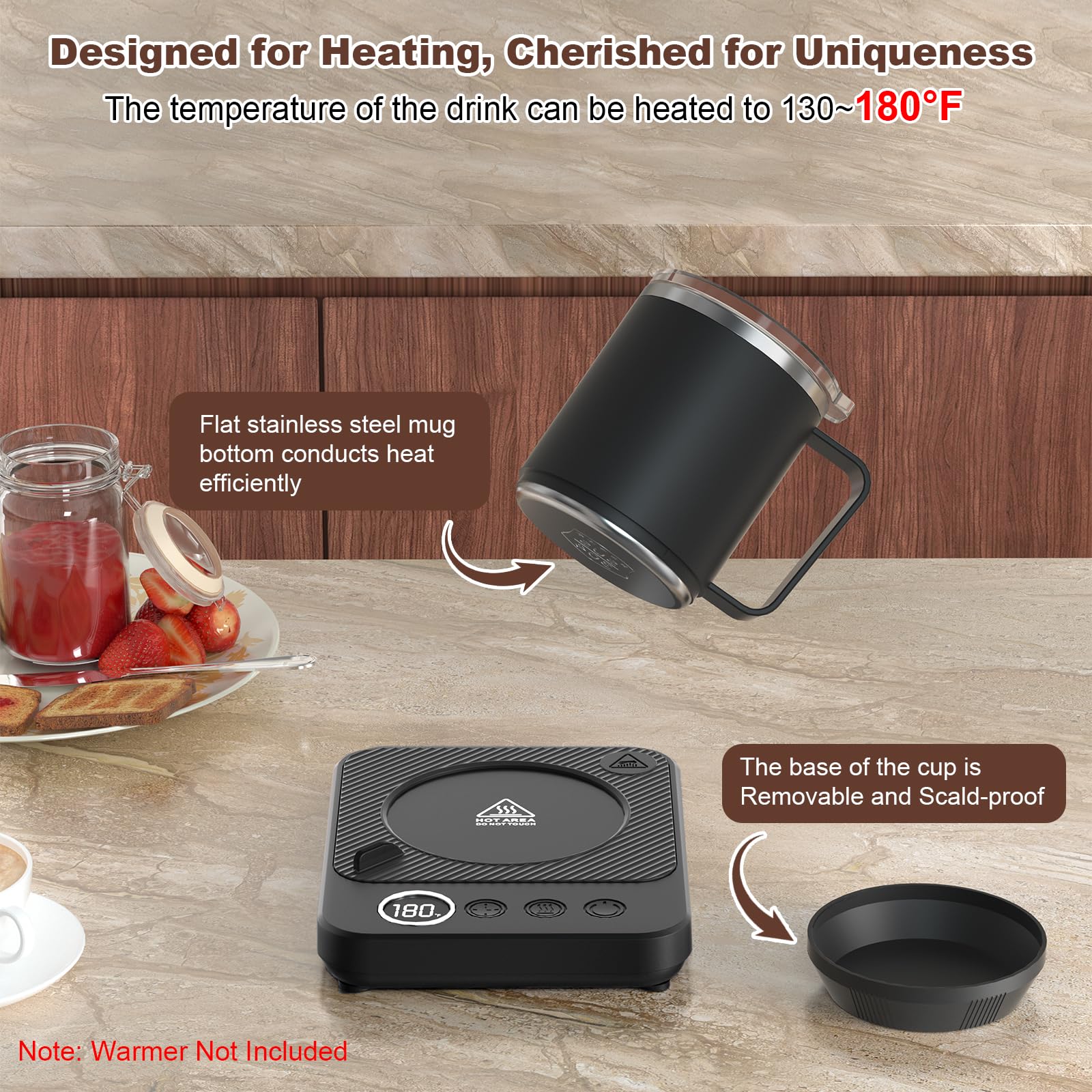 Removable base reveals flat bottom for direct heat transfer on warmers