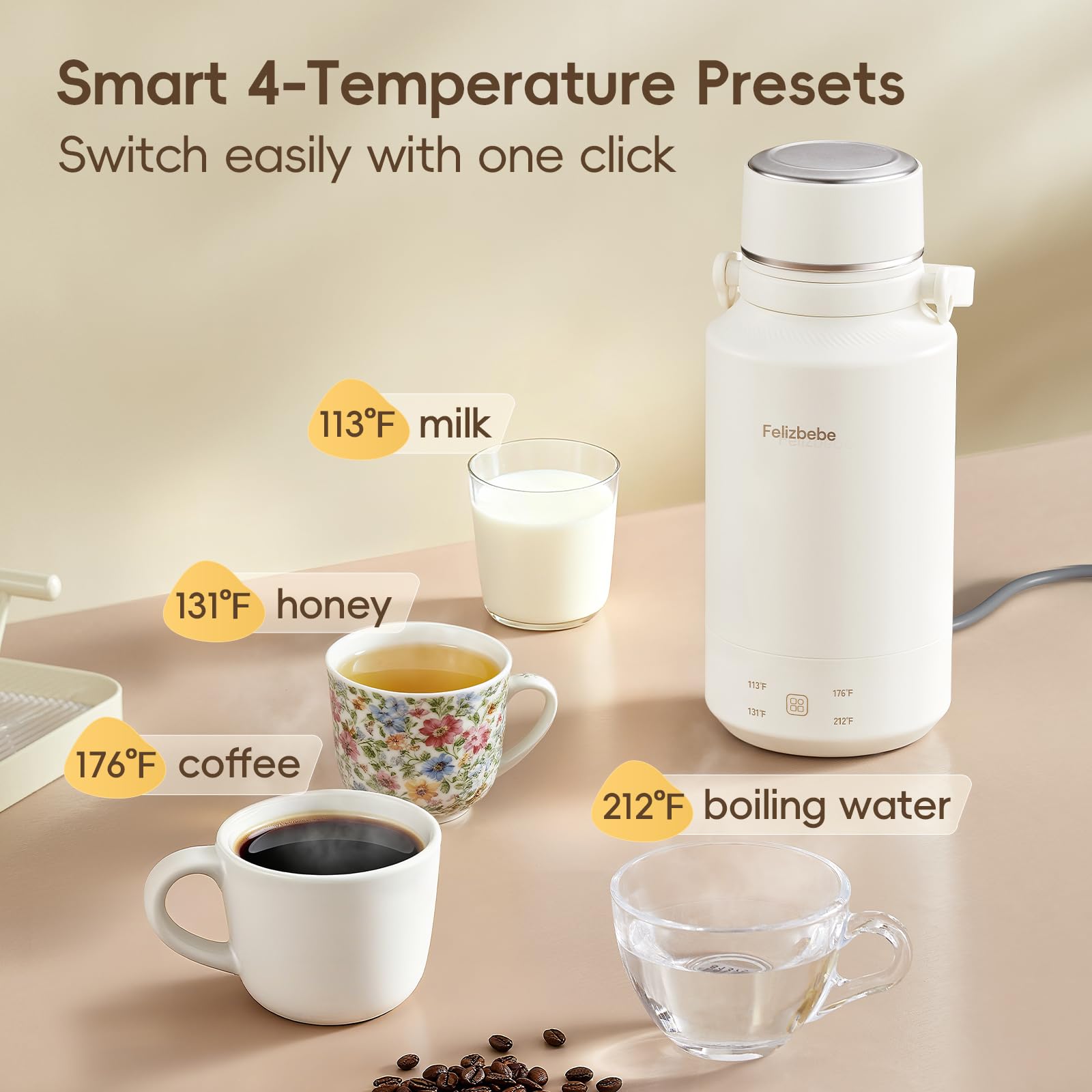 Felizbebe 1000ml kettle keep-warm mode preserves heat for long sipping