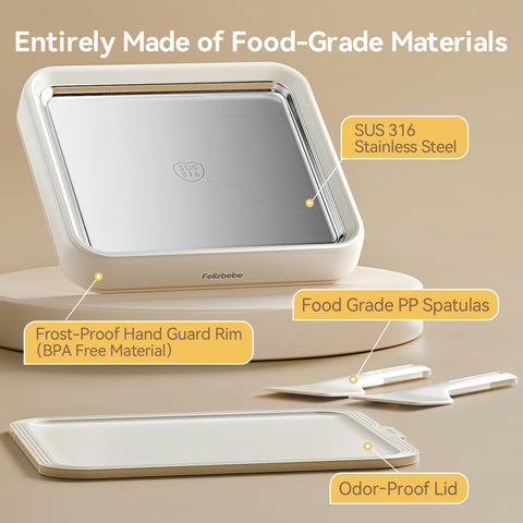 Felizbebe stainless steel tray highlights premium materials and easy hand washing.