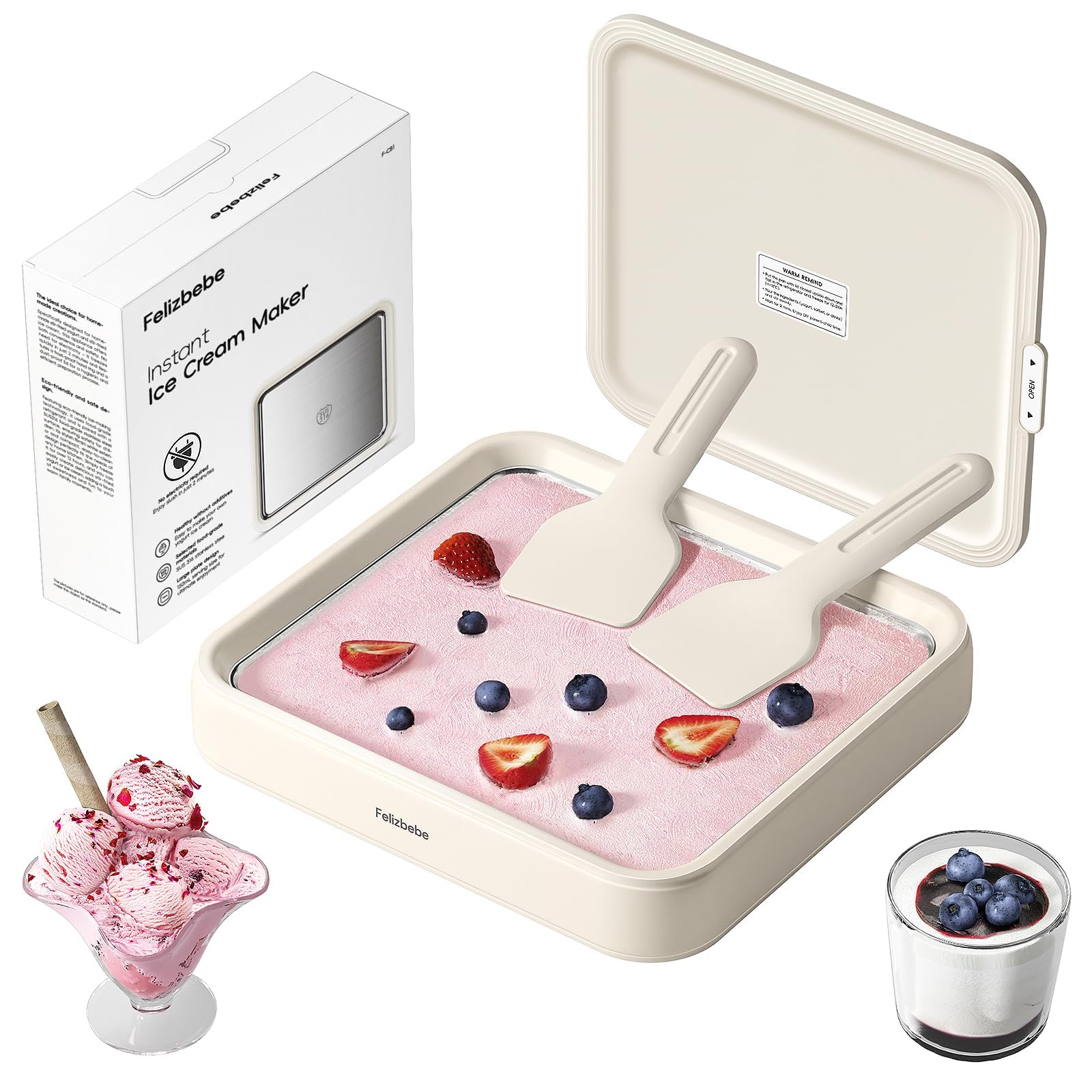 Felizbebe rolled ice cream maker with lid and spatulas for family dessert time.
