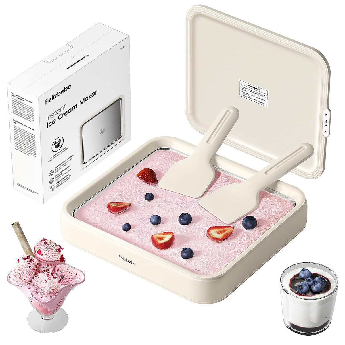 Felizbebe rolled ice cream maker with lid and spatulas for family dessert time.