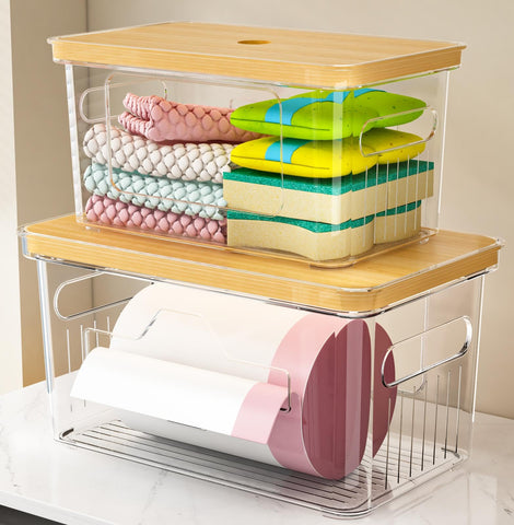 FELIZHOUSE 2-pack trash bag holder with bamboo lid neatly stores under-sink bags.