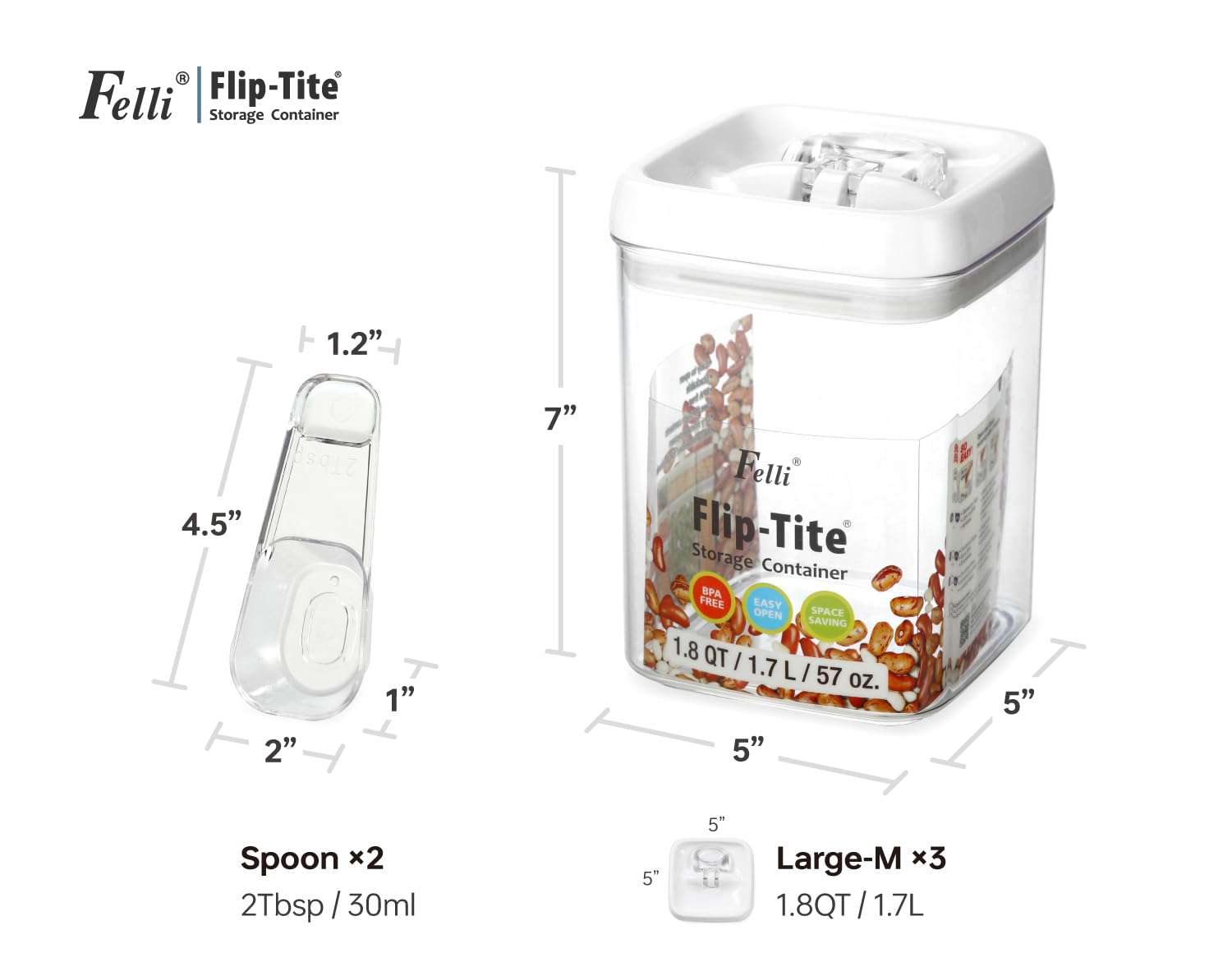 Felli Flip-Tite 5-inch Large-M storage holds bulk pantry staples.