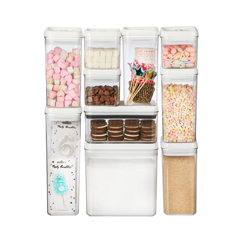 Felli Flip Tite pantry organizer on counter supports quick snack access.
