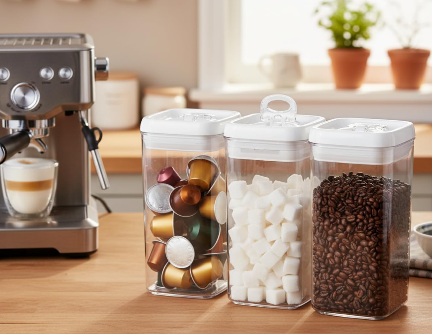 Felli Flip Tite stackable canister for compact pantry storage.