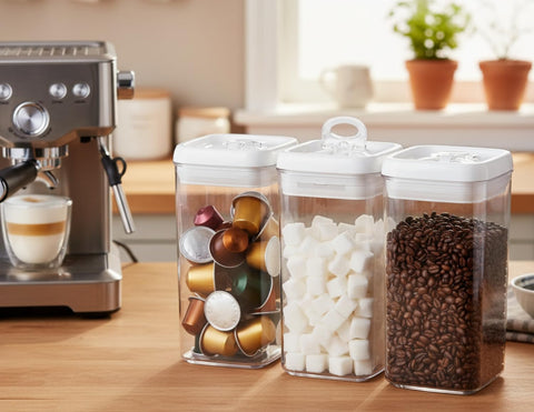 Felli Flip Tite stackable canister for compact pantry storage.