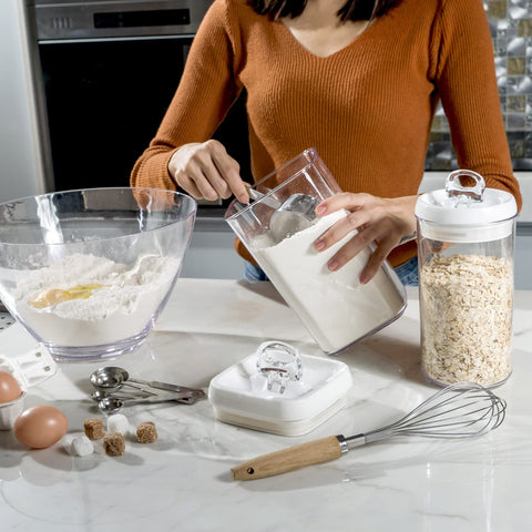 Felli Flip-Tite stackable pantry containers save shelf space.