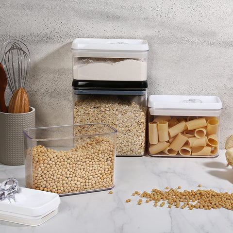Storage for pasta, beans, and cereal with glass-like clarity