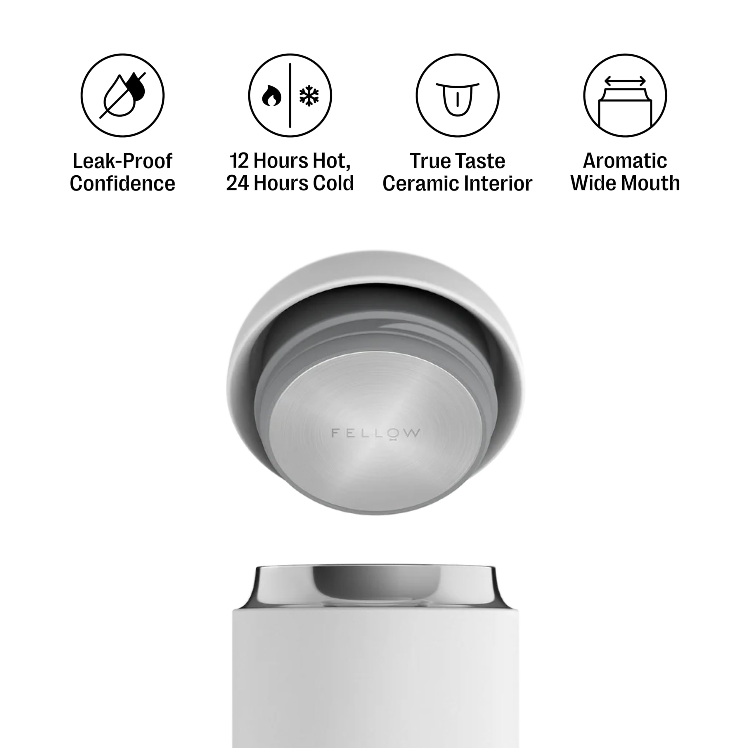 Fellow Carter mug with vacuum insulation keeps beverages hot longer during commutes.