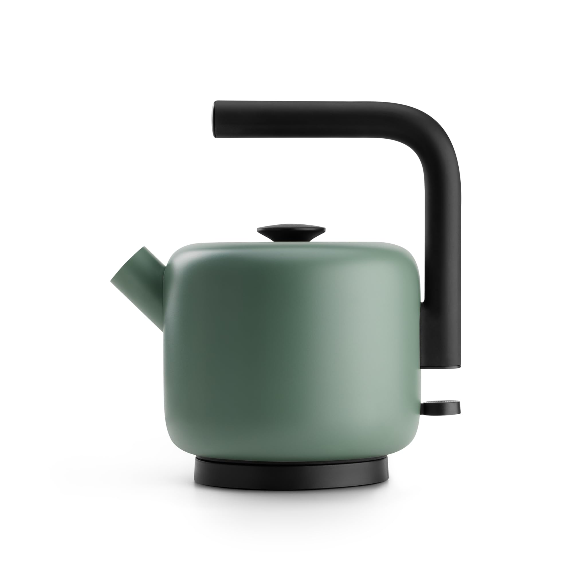 Fellow Clyde Electric Kettle in smoke green on counter with glowing LED for tea or ramen