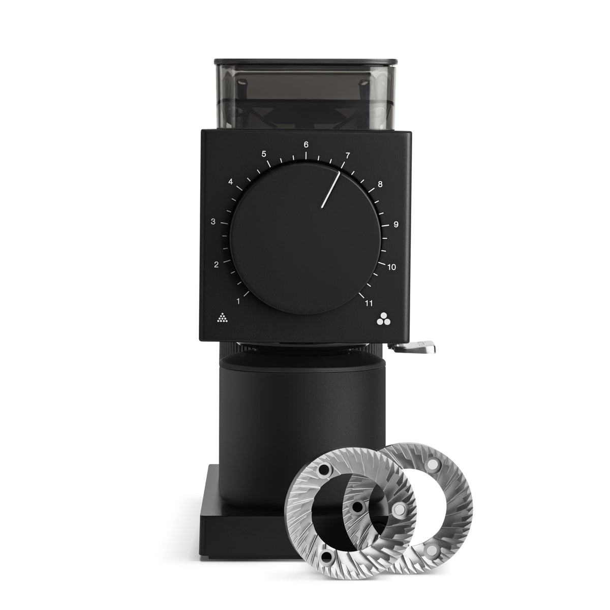 Fellow Gen 2 Ode Grinder front view, compact matte black for tidy counters.