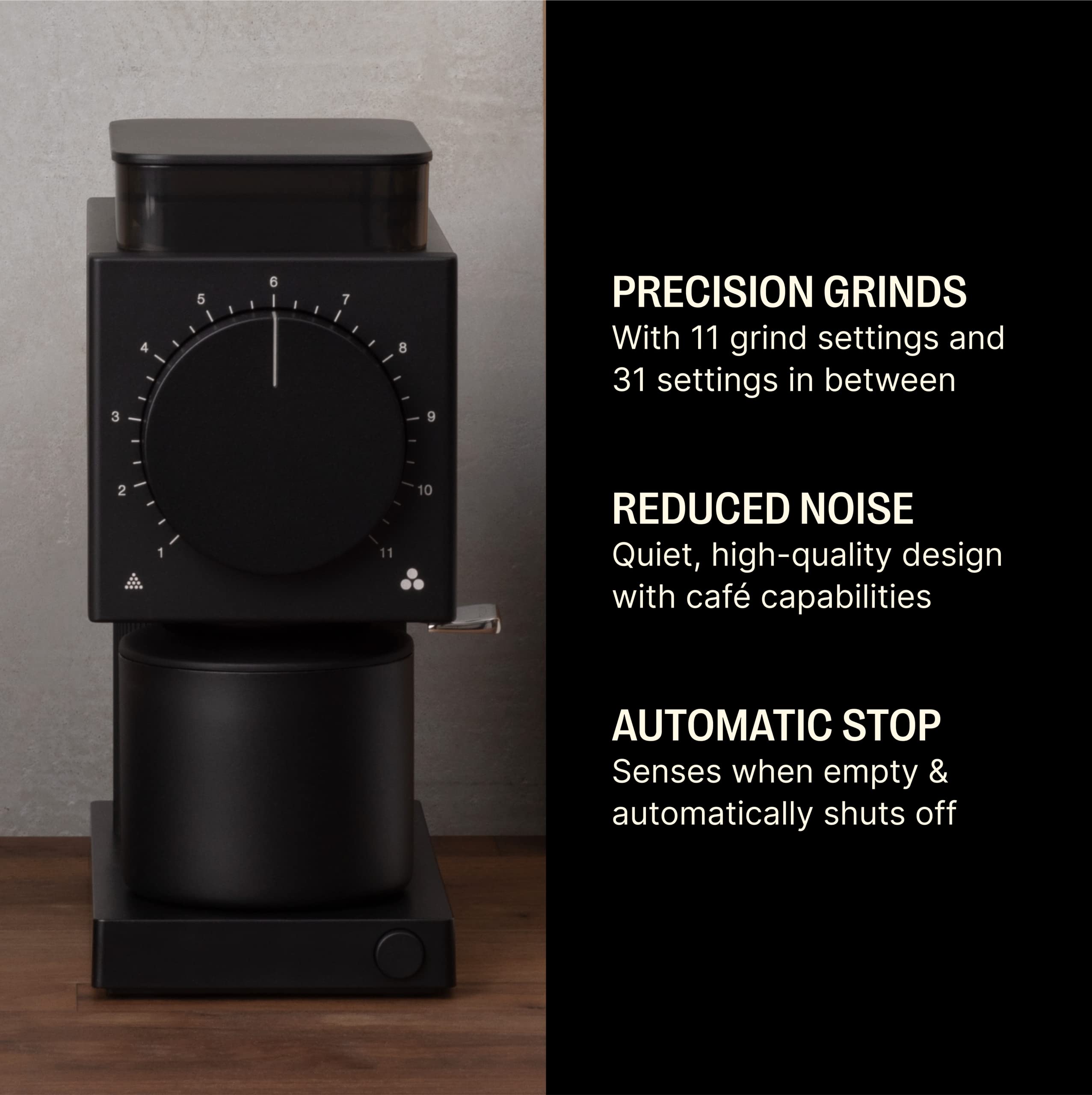 Fellow Gen 2 Ode grinder side angle showing compact footprint for kitchens.