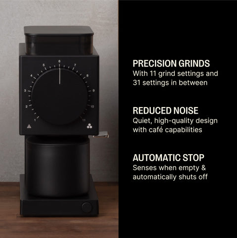 Fellow Gen 2 Ode grinder side angle showing compact footprint for kitchens.