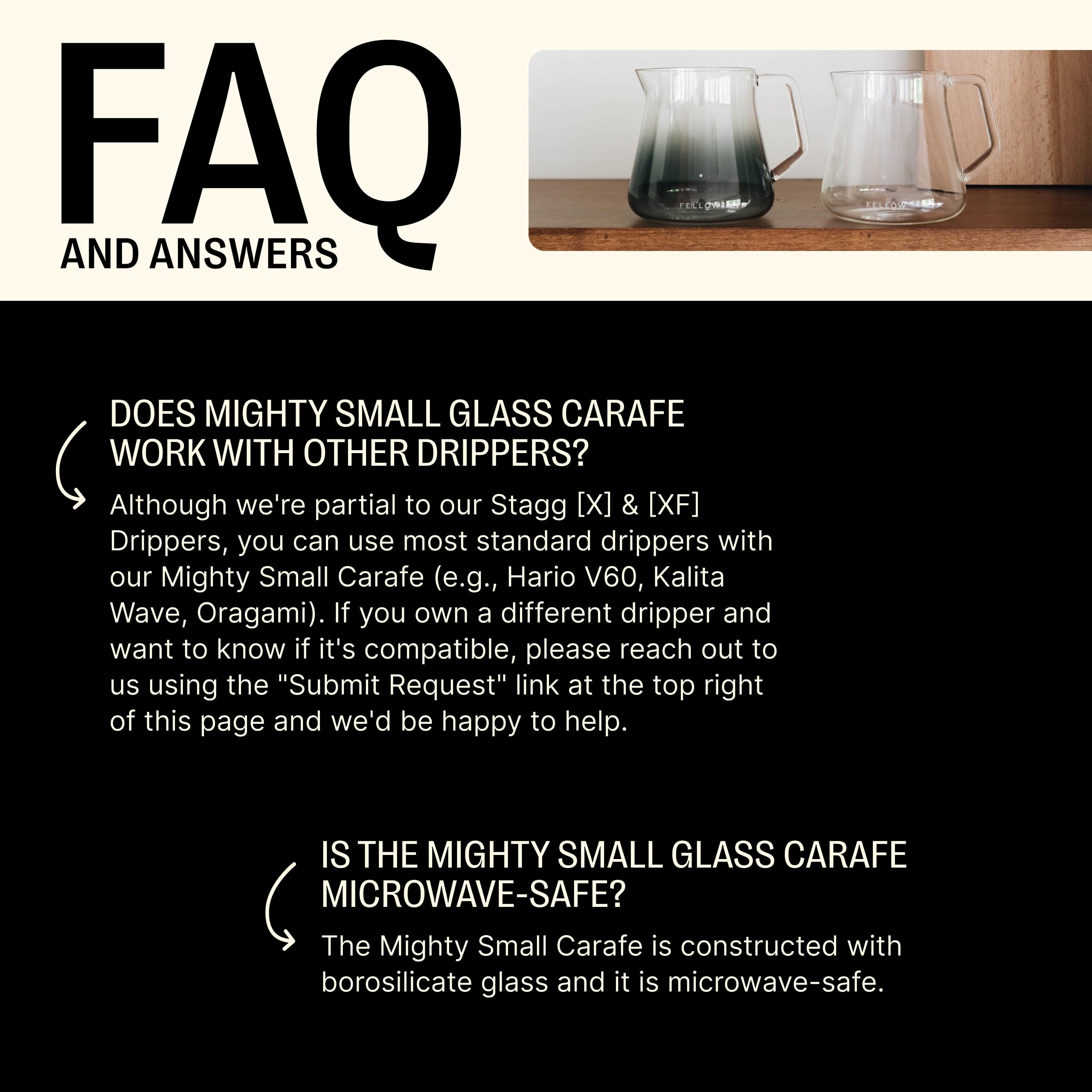 Fellow Mighty Small Glass Carafe handle and grip for stable pouring.