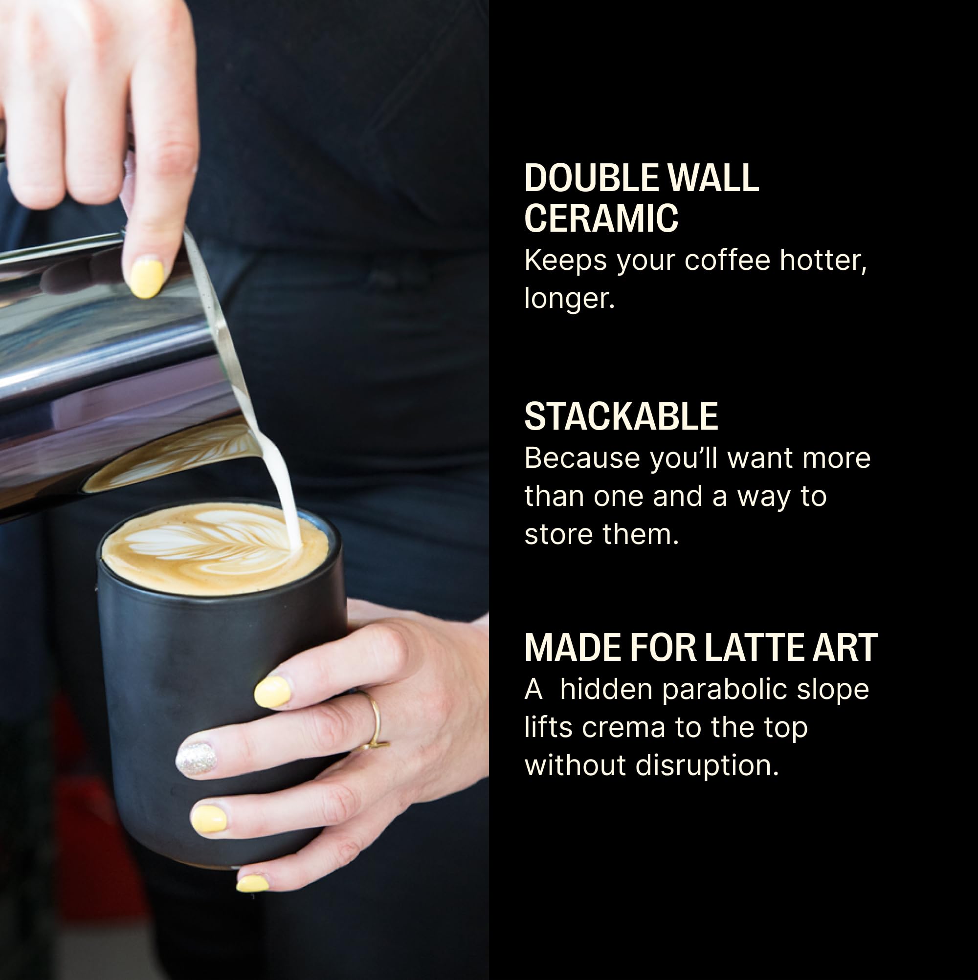 Monty mug interior curvature lifts crema for pristine latte art.