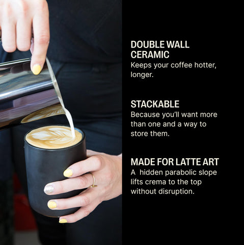 Monty mug interior curvature lifts crema for pristine latte art.