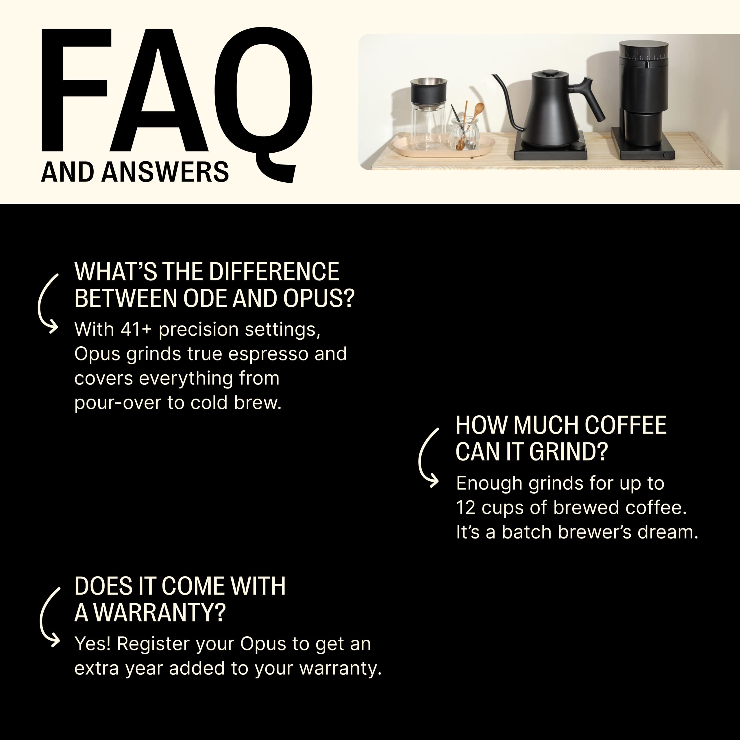 Fellow Opus French press compatibility highlighting rugged grind options.