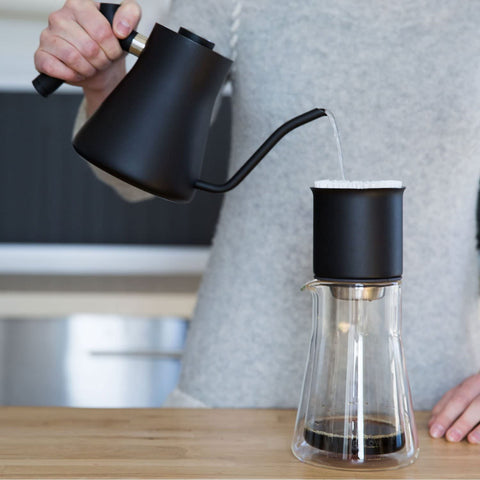 Fellow Stagg versatile carafe complements the Stagg line in a coffee bar
