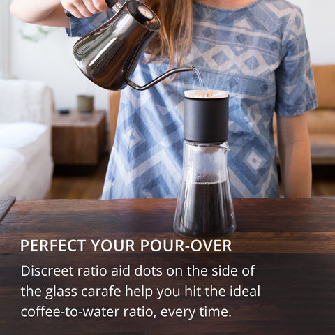 Fellow Stagg carafe with ratio dots guiding precise pours for serving