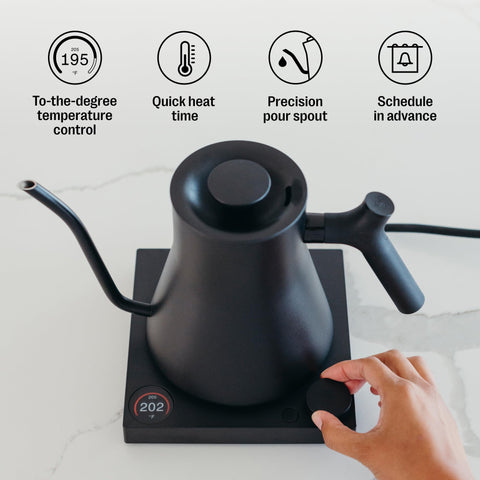 Ergonomic handle on Fellow kettle for comfortable pouring