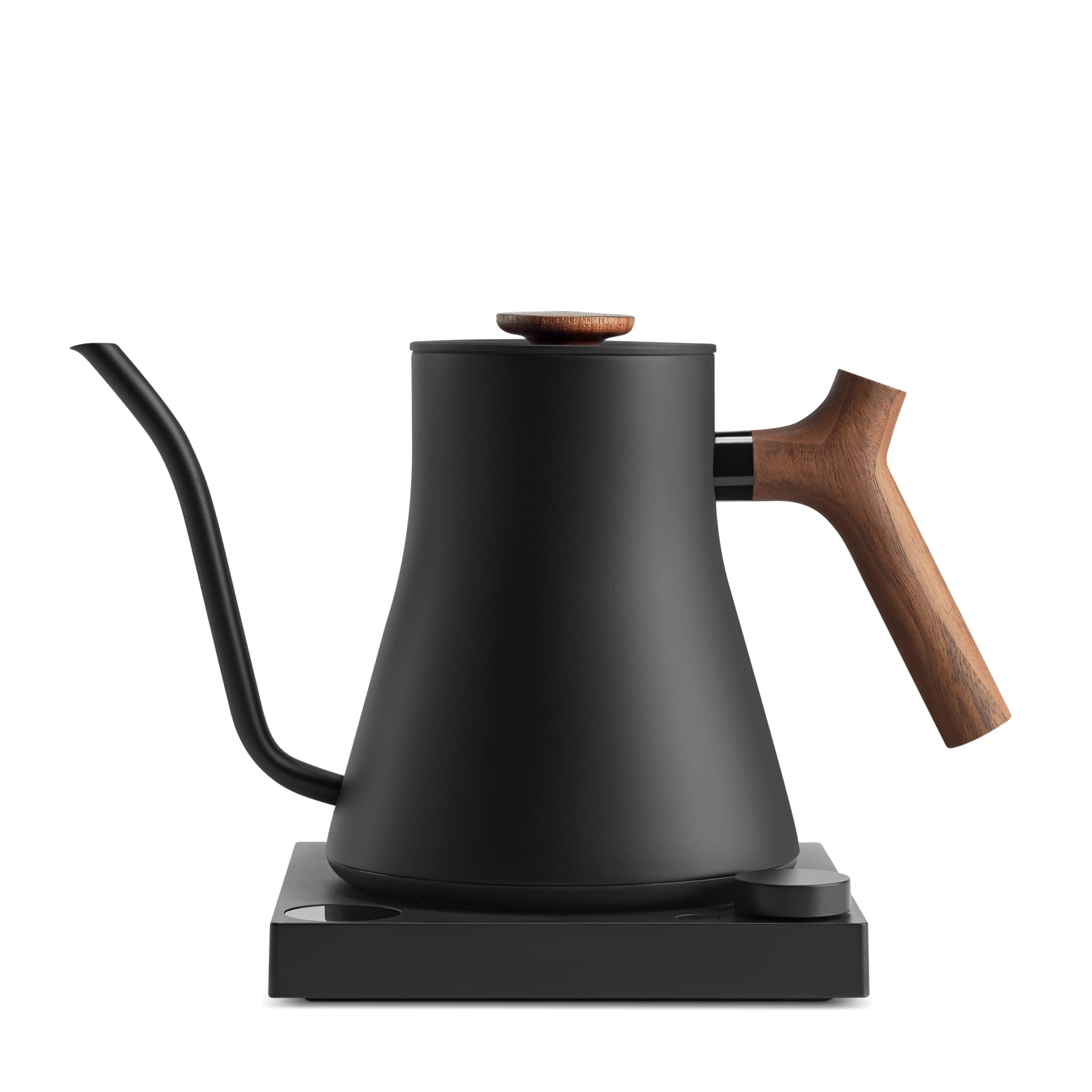 Fellow Stagg EKG Pro matte black kettle with walnut handle offers precise heat for pour-over coffee.