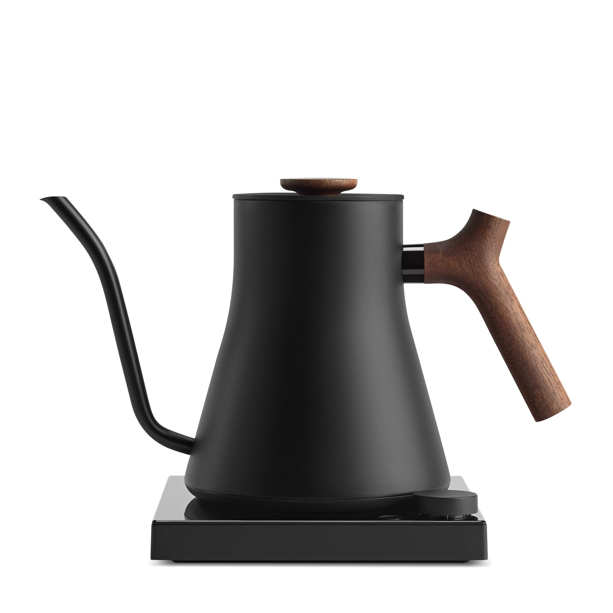 Fellow Stagg EKG Pro Studio Edition front view in matte black with walnut accent for premium brewing