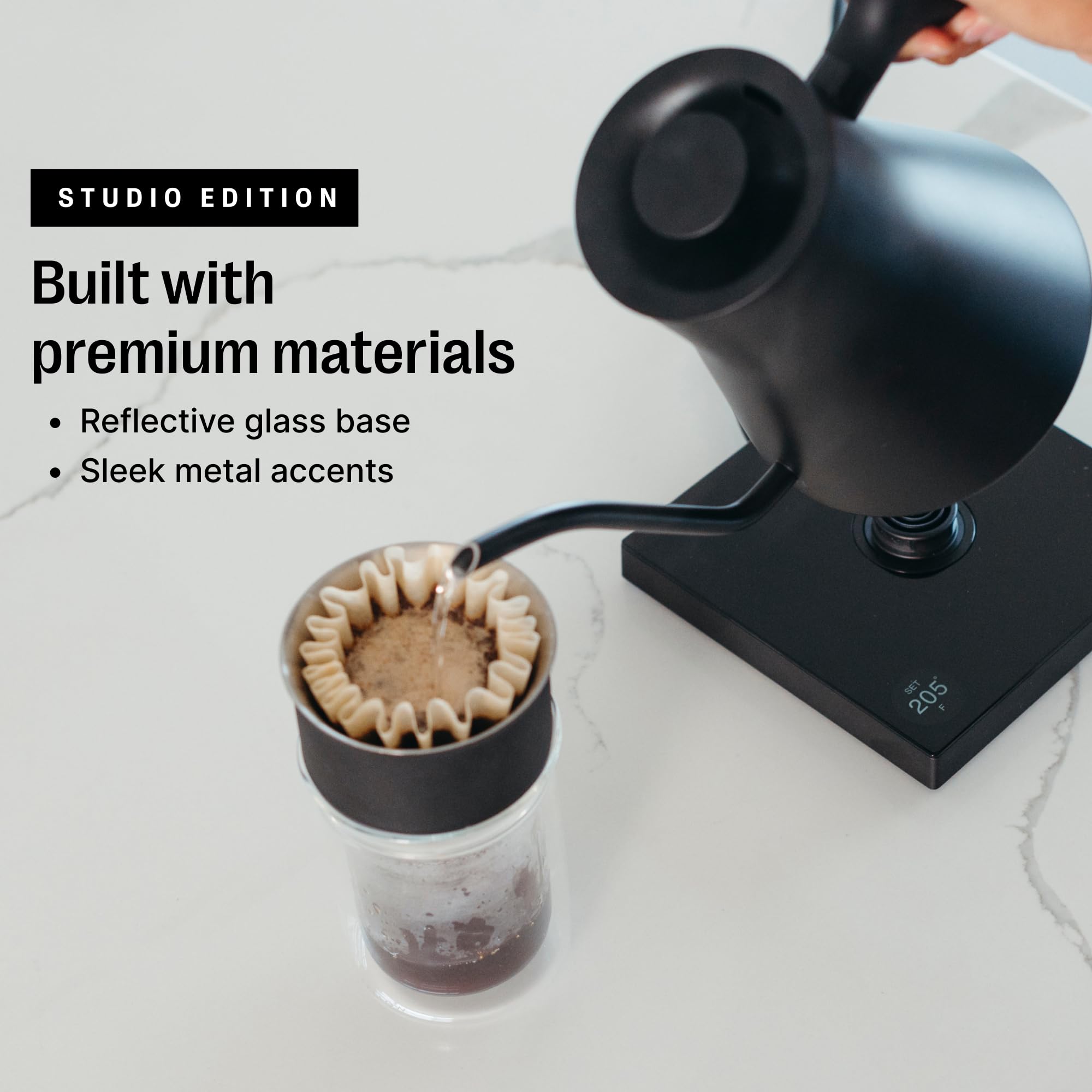 Fellow Stagg EKG Pro Studio Edition gooseneck spout close-up enables controlled pours.