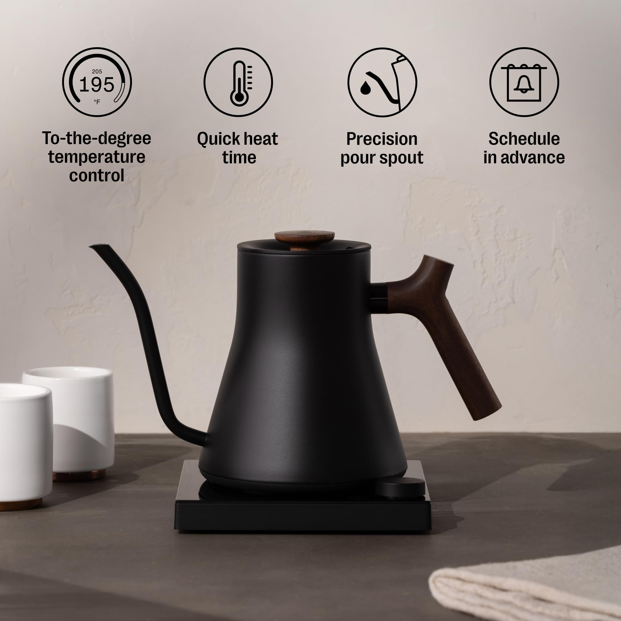 Walnut handle close-up for comfortable, ergonomic grip during pouring