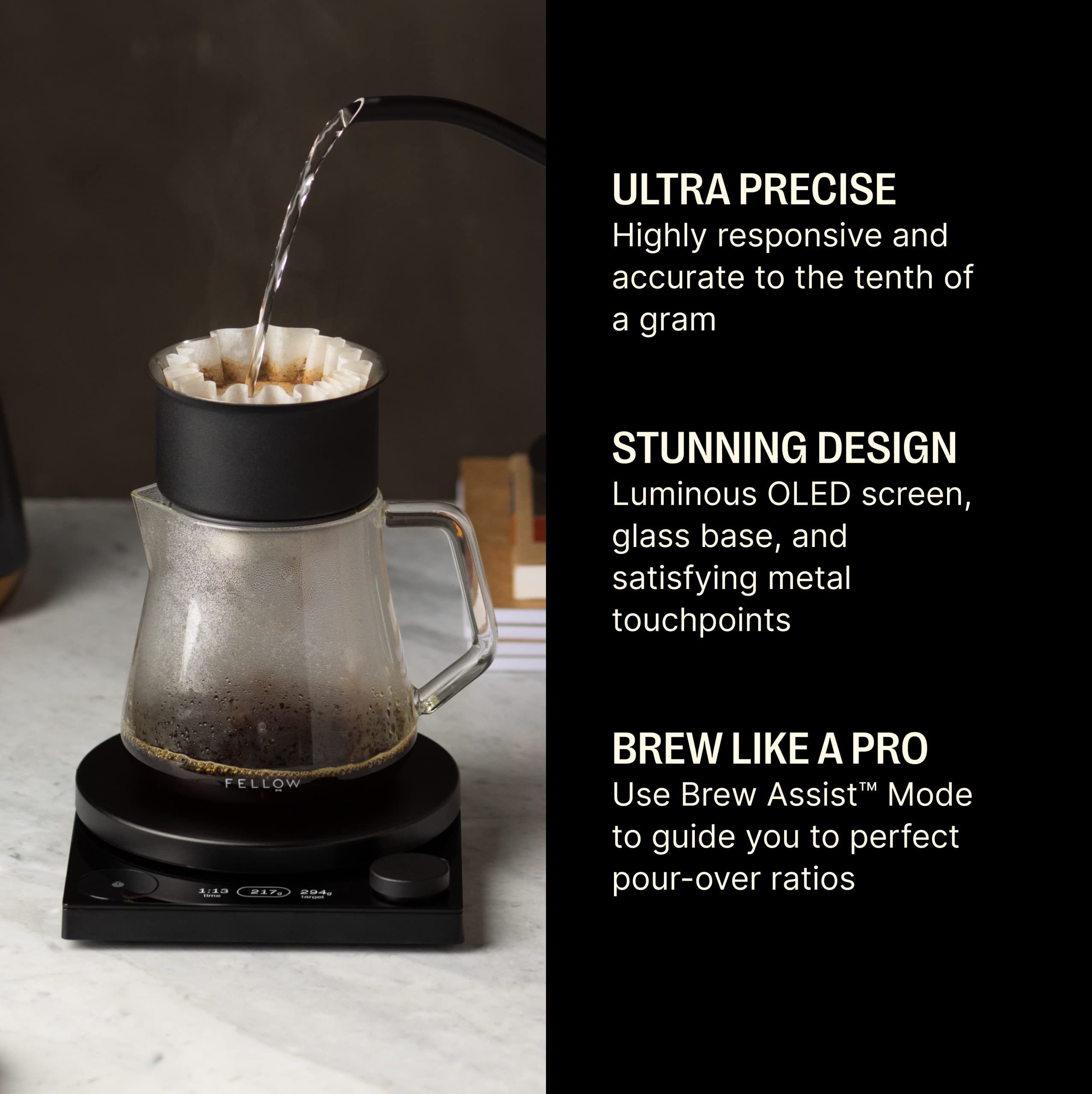 Fellow Tally Pro Studio with an OLED display shows precise measurements at a glance.