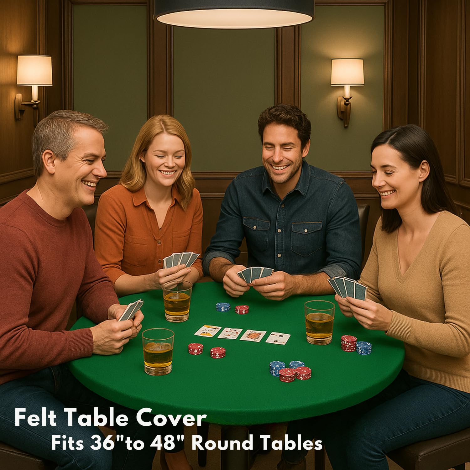 Feltectors felt table cover on round surface for poker and bridge.