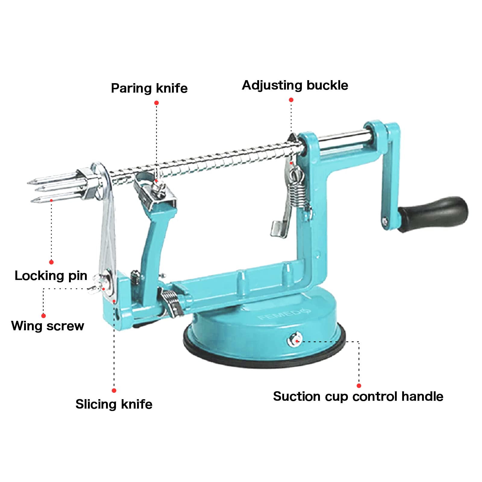 Femedo Apple Peeler 3-Way Operation peels, cores, and slices efficiently.