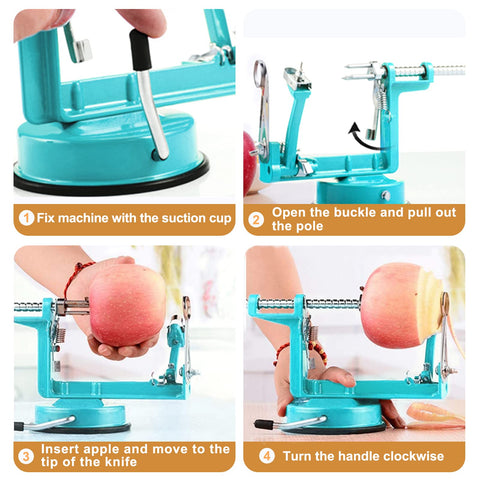 Femedo Apple Peeler in action on apples and potatoes for quick snacks.