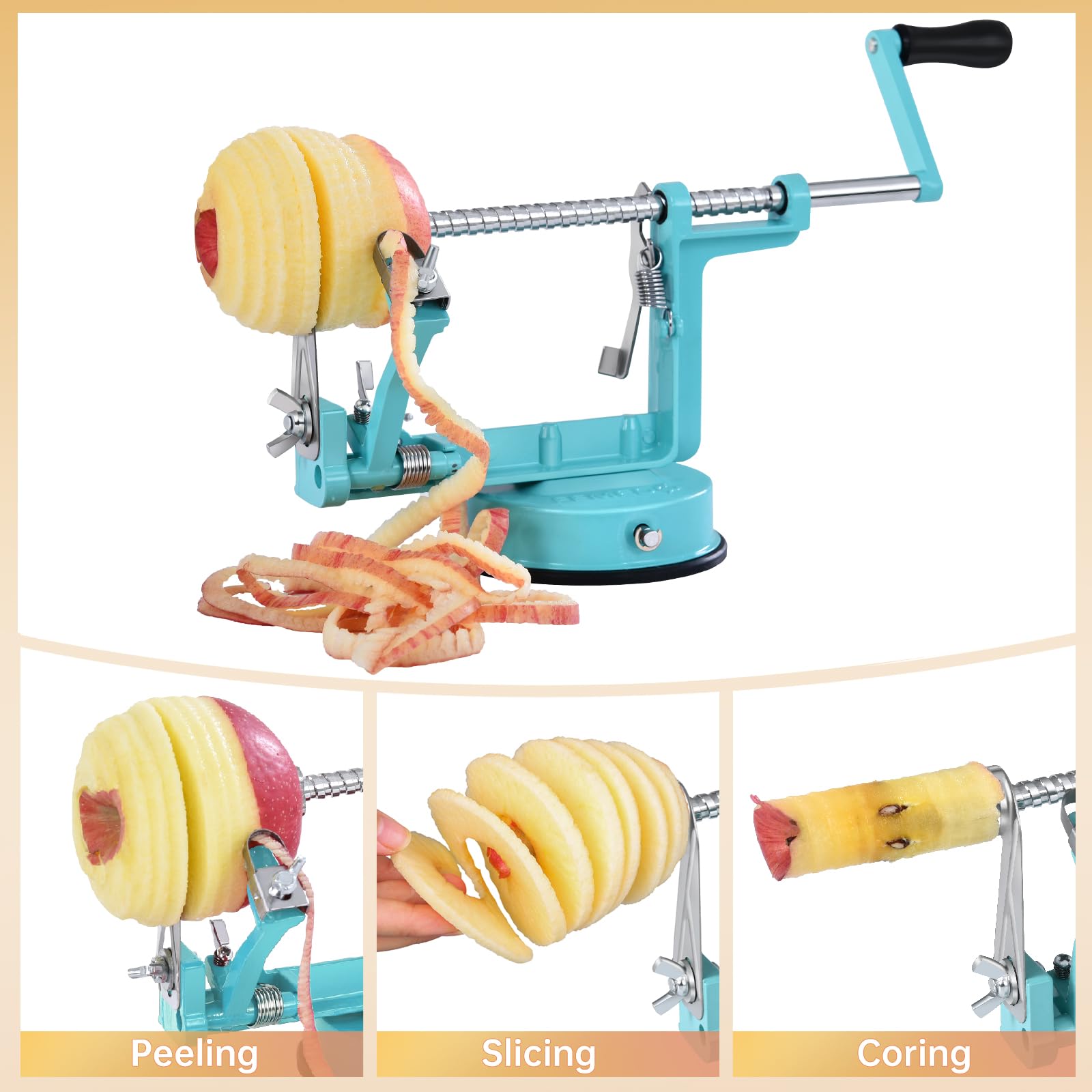 Femedo three-way operation lets you peel, core and slice efficiently