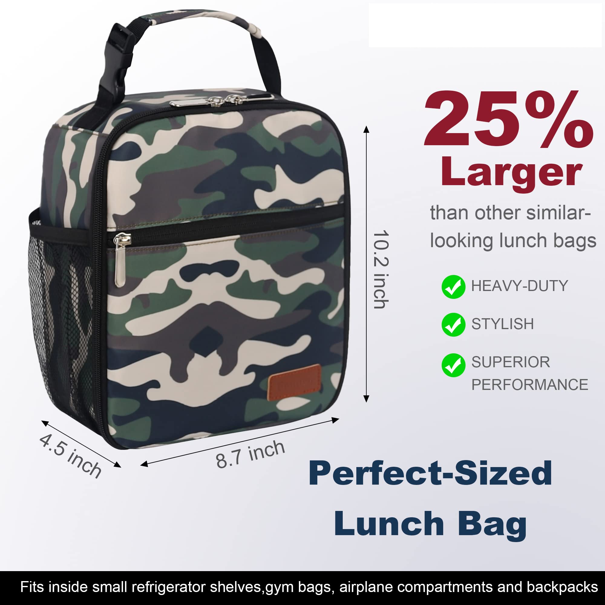 Femuar camouflage lunch box back view, durable everyday carry companion.