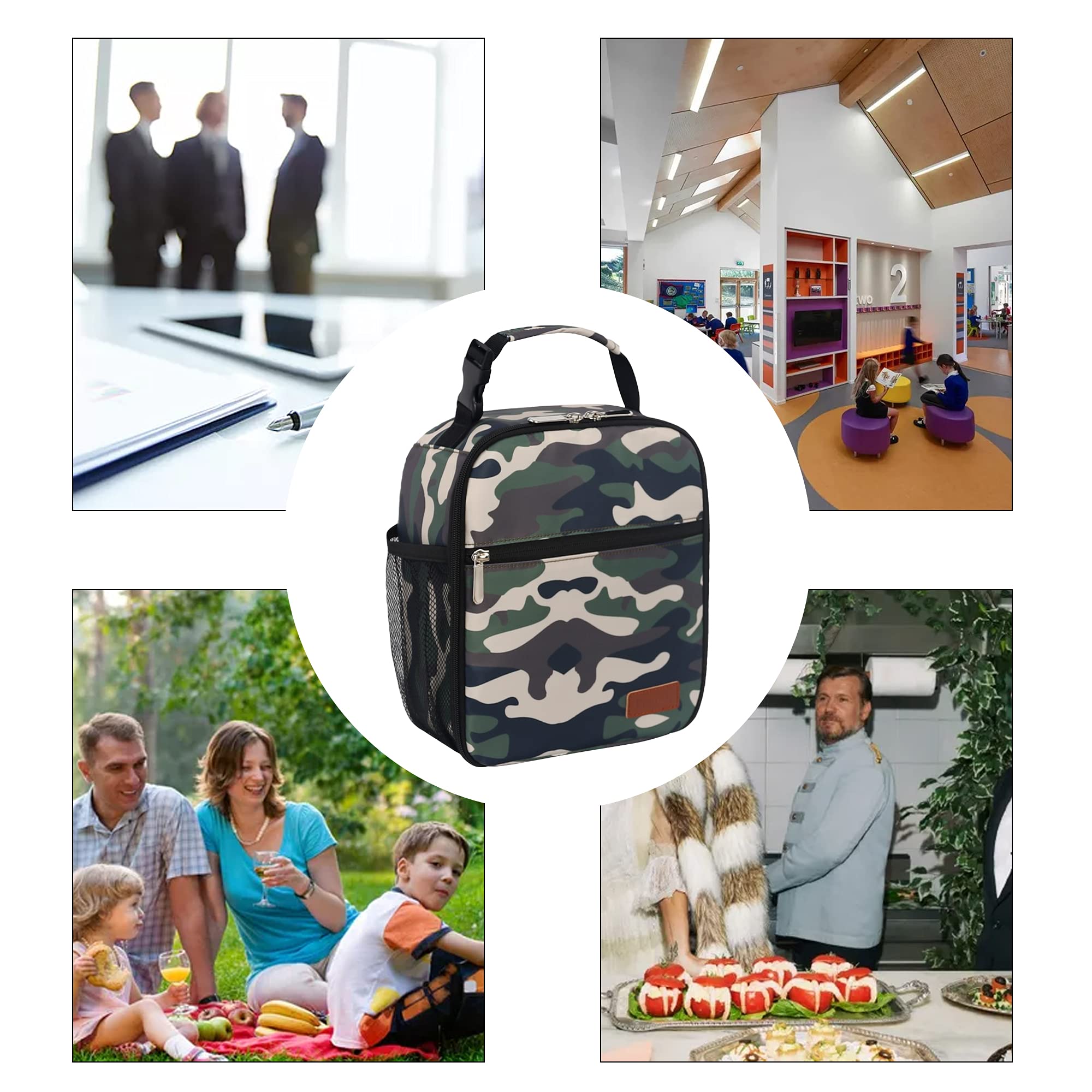 Femuar camouflage lunch box exterior with multiple pockets, organized for drinks and items.