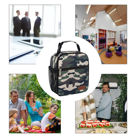 Femuar camouflage lunch box exterior with multiple pockets, organized for drinks and items.