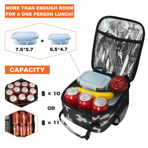 Femuar camouflage lunch box side pocket open, shows extra utensil storage.