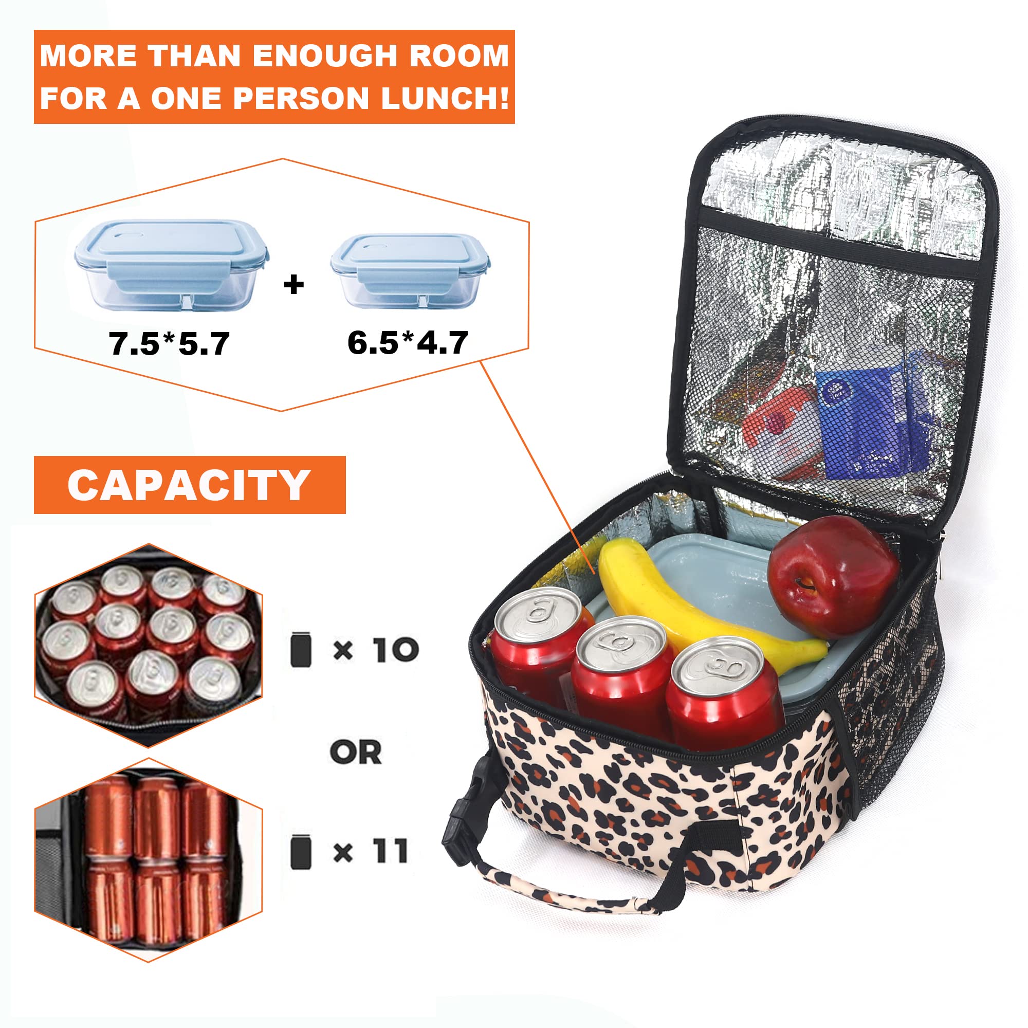 Femuar leopard lunch box carry handle with buckle simplifies commuting.