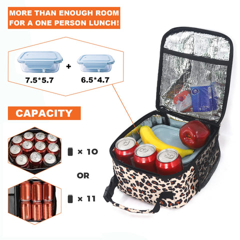 Femuar leopard lunch box carry handle with buckle simplifies commuting.