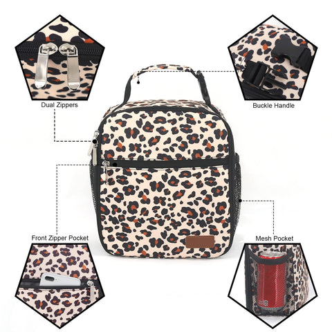 Femuar leopard lunch box front pocket stores keys and phone securely.
