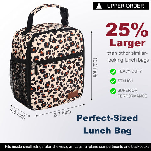 Femuar leopard lunch box insulated lining maintains warmth for lunch on the go.