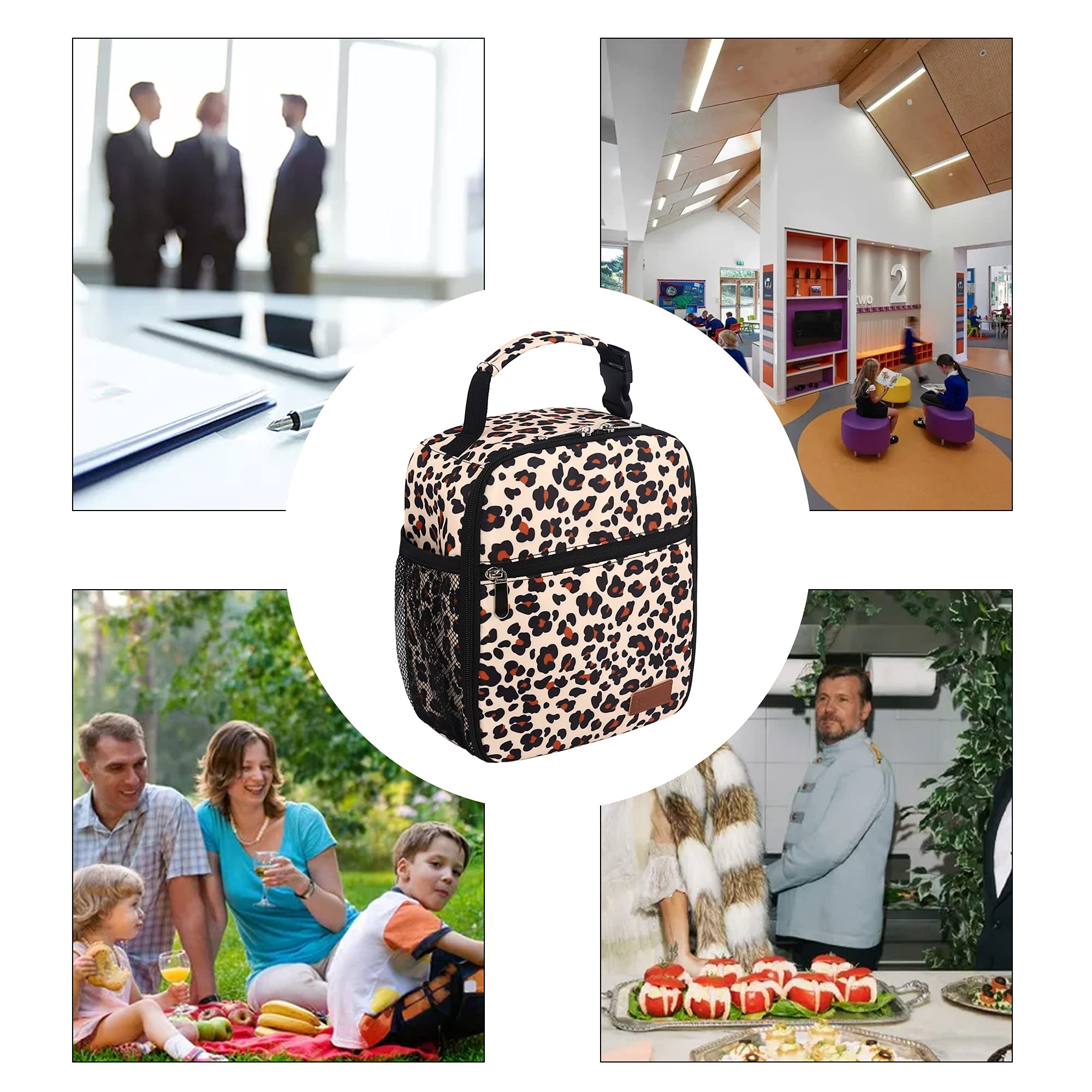 Femuar leopard lunch box side pockets hold drinks or small snacks.