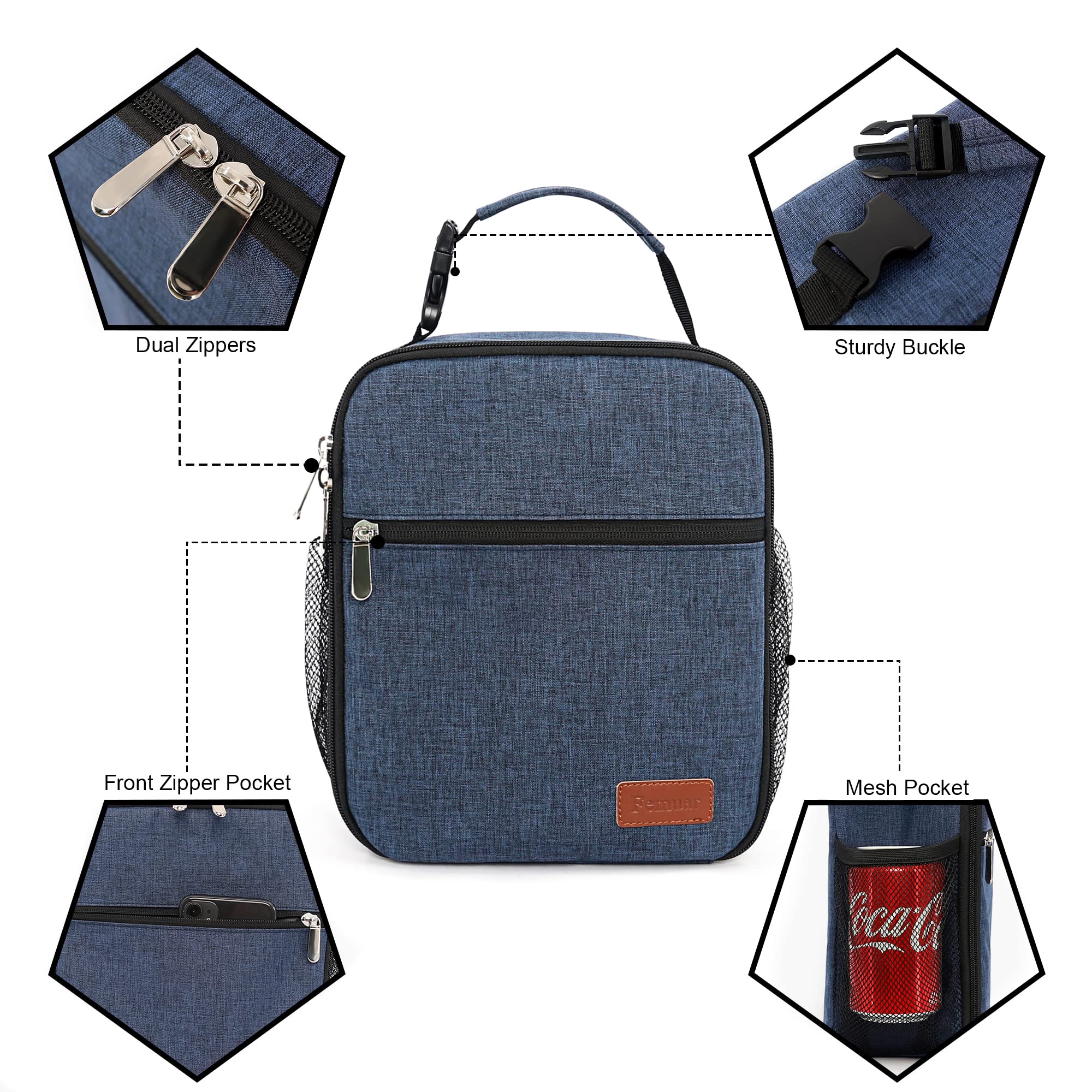Femuar lunch box side pockets hold drinks during travel.