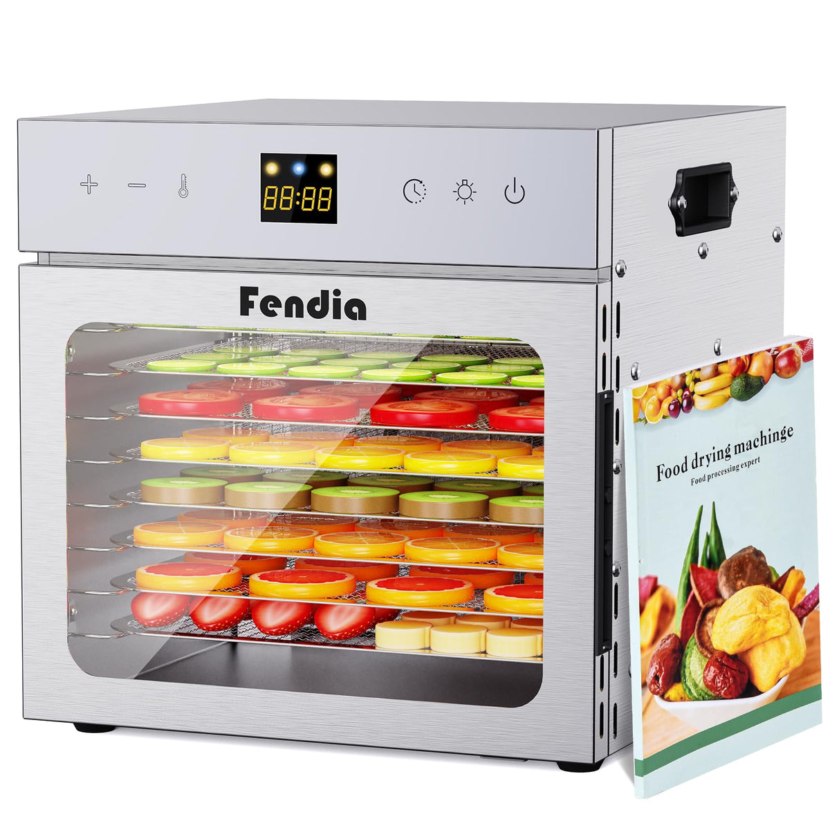 Fendia 8-tray dehydrator front view with stainless steel finish for even drying.