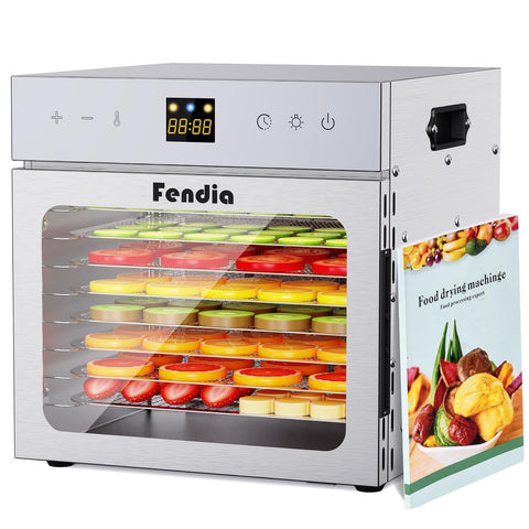 Fendia 8-tray dehydrator front view with stainless steel finish for even drying.